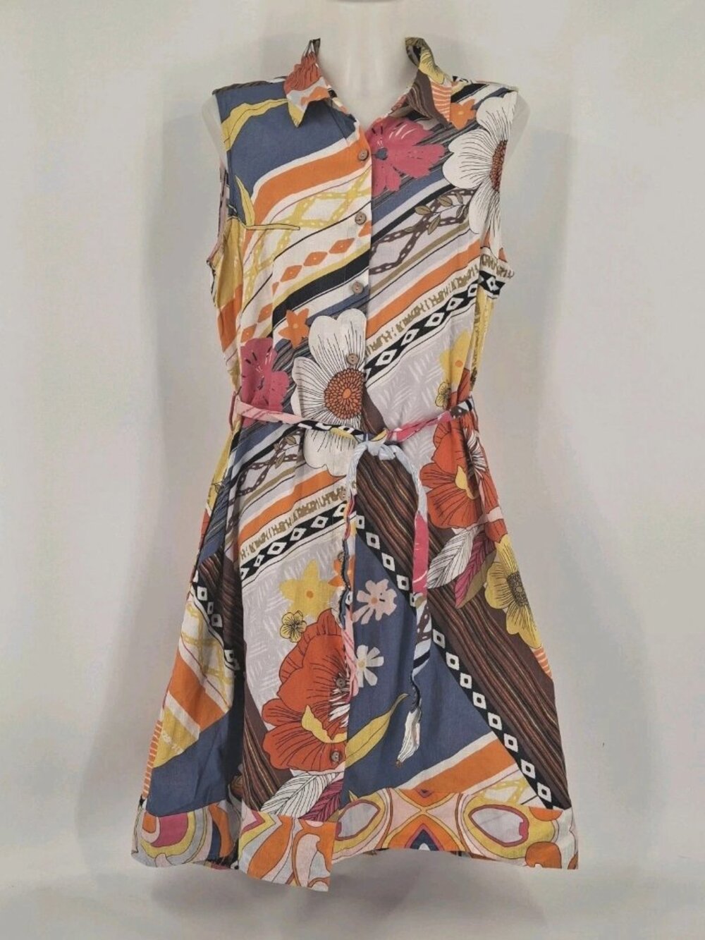 Charlie B Linen Blend Patterned Sleeveless Button Shirt Dress Women's Size XL